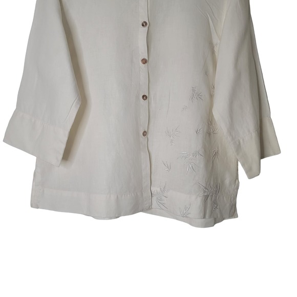 Kleen Linen Tunic Top S Cream Button Up Lagenlook Collarless Embroidery Minimal - Picture 4 of 8